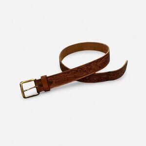 Vintage Tooled Leather Western Belt Brown Embossed Floral USA